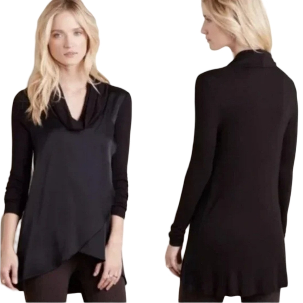 ANTHROPOLOGIE DELETTA Tunic Size XS Black Cowl Neck Satin Ruffle Front Draped